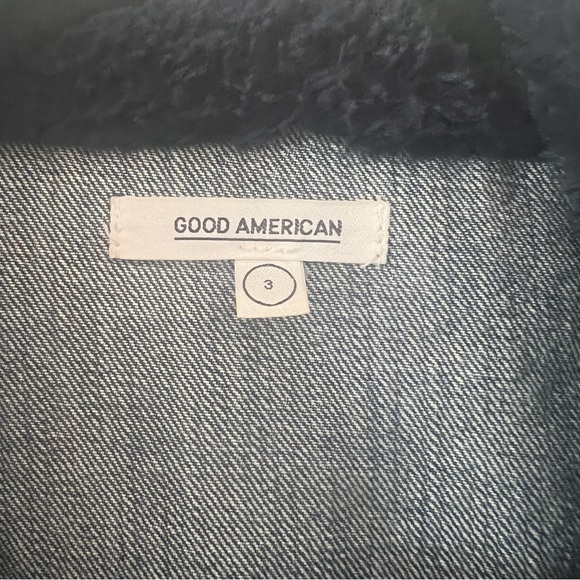 Good American Dark Denim Jacket Faux Fur Trim size Large (3) - Picture 9 of 11